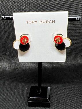 Tory Burch Tri-Disc Enamel Logo Stud Earrings in Red, Black, White